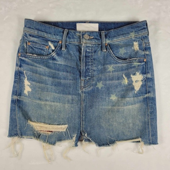 MOTHER Dresses & Skirts - MOTHER Superior Vagabond Mini Fray Skirt Women Size 25 Blue‎ Denim USA Print